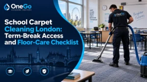 School carpet cleaning London technician working in an empty classroom during term break